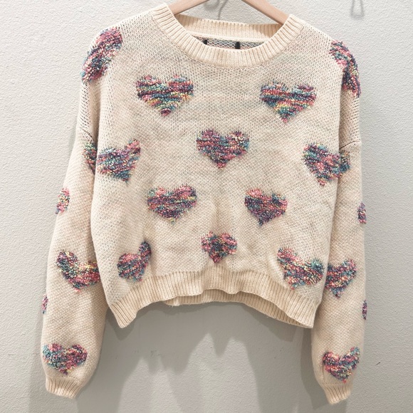 Cream Sweater With Raised Multi-Colored Hearts Size L - Picture 3 of 7